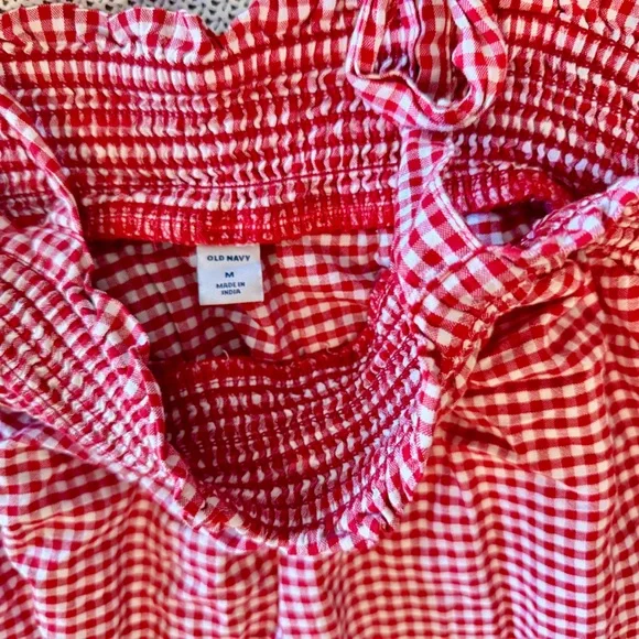 OLD NAVY Smocked Embroidered Tiered Red White Gingham Plaid Mini Dress w Pockets - Picture 8 of 14